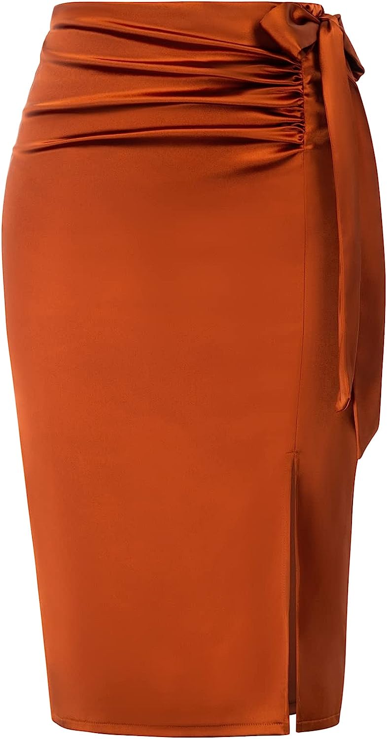 230816035006243_1 Kate Kasin Women's Satin Silk Bodycon Split Skirt High Waist Bow Tie Knee Length Pencil Midi Skirts Wear to Work - Image 1